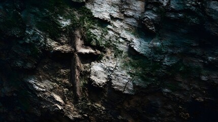 Cross carved into tree bark in a serene forest setting