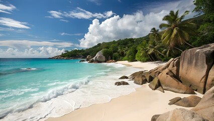 Tropical island paradise with turquoise waters and lush green hills