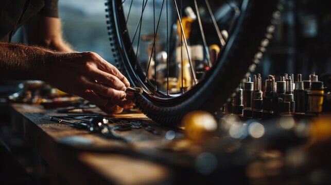 Close up of a bicycle mechanic's hands working on a wheel in a repair workshop, surrounded by tools and parts, showcasing the precision and dedication involved in bicycle maintenance