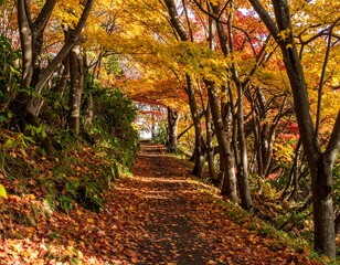 Autumnal path through colorful trees