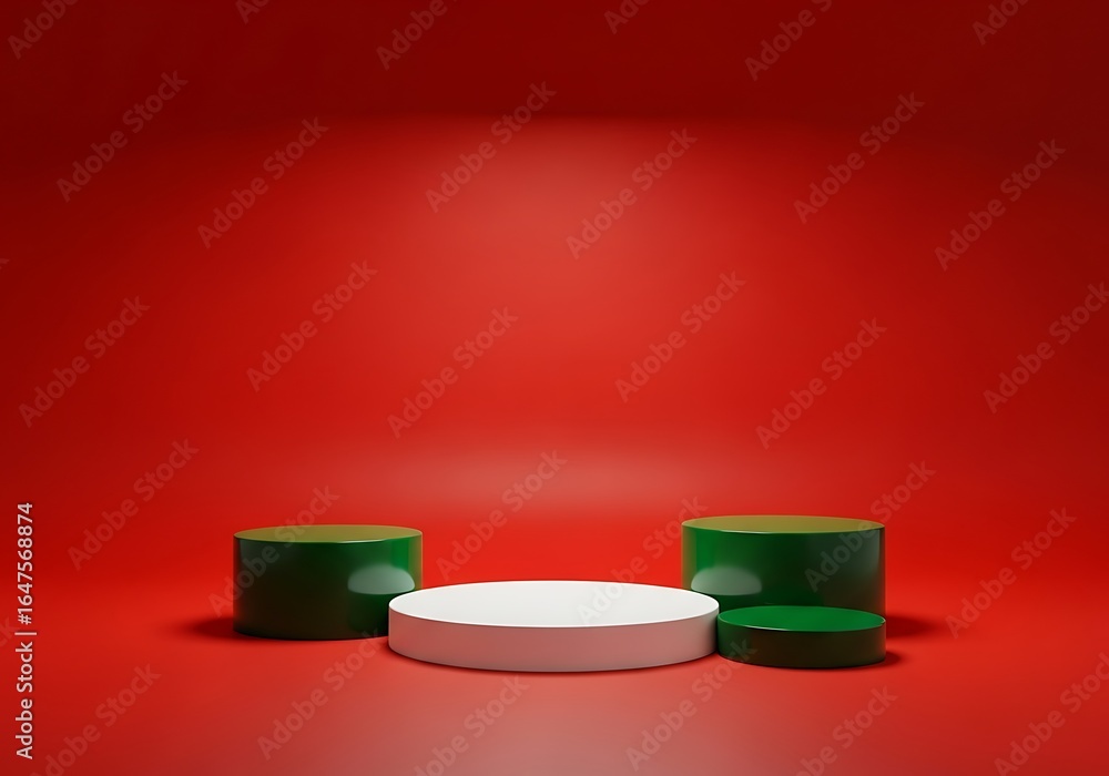 Poster three podiums for product display on red background