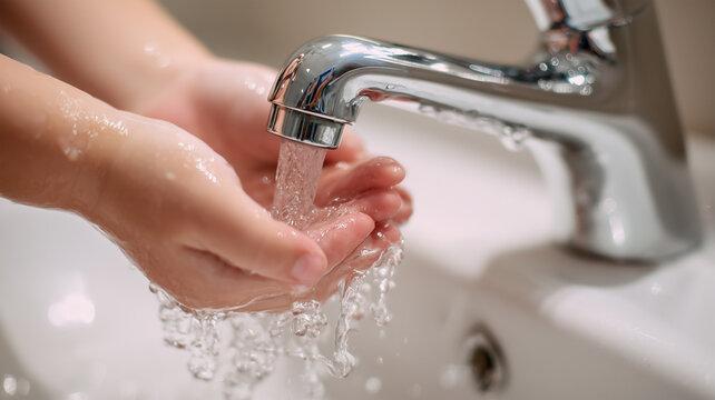 日本人の子供が蛇口で手を洗う様子