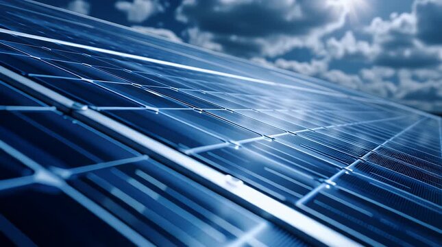 Close-up of a solar panel array against a cloudy sky