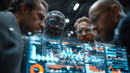 business partners discussing big data solutions, leaders with holographic analytics charts, cool office environment, ultra realistic, sharp focus, 8K, high detail, professional stock photography