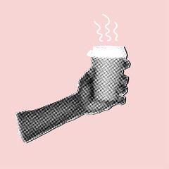 Halftone hand holding coffee cup,trendy collage element,coffee break concept