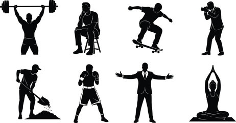 Activity silhouettes, diverse actions, weightlifting, skateboarding, photography, boxing, yoga, manual labor, business presentation, lifestyle poses