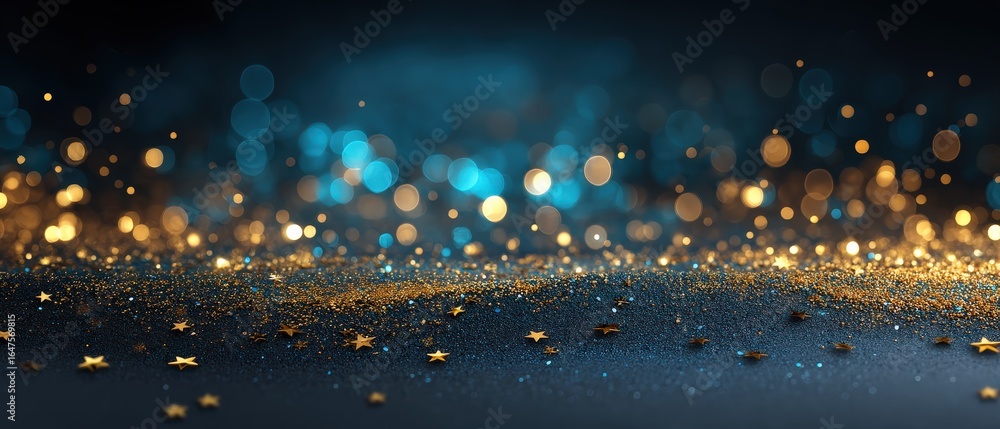 Poster a mesmerizing display of golden and blue sparkles on a dark surface, creating a magical, festive atm