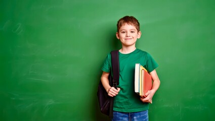 Smiling schoolboy in casual clothes standing with backpack in classroom