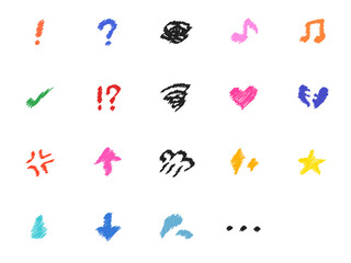 カラフルな手描きアイコンと吹き出しのセット（ベクター） / Colorful Hand-drawn Icons with Speech Bubbles (Vector)