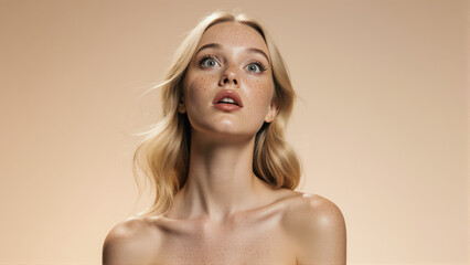 Obraz premium A beauty headshot of a young woman with a sense of intrigue. Her wide, sparkling eyes and subtle smile make the shot captivating.