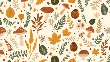 Minimal Seamless Pattern of Mushrooms, Ferns, and Autumn Leaves
