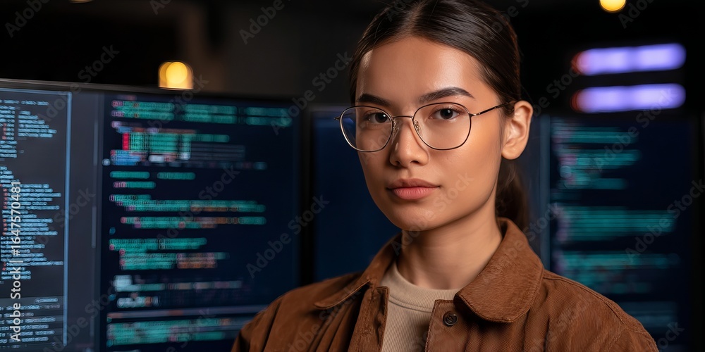 Aufkleber asian woman wearing glasses and a brown jacket stands confidently in front of multiple computer scre