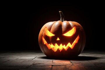 A glowing, menacing jack-o'-lantern with sharp features, set against a dark background, perfect for Halloween ambiance.