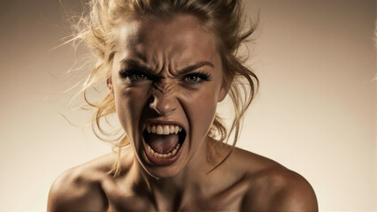 A hyper-realistic beauty portrait of a young woman with a piercing, animalistic glare. Her expression is tense and full of emotion.
