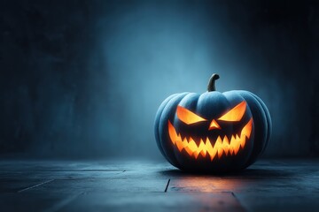 A carved Halloween pumpkin with a menacing face, glowing with orange light against a dark, atmospheric background.
