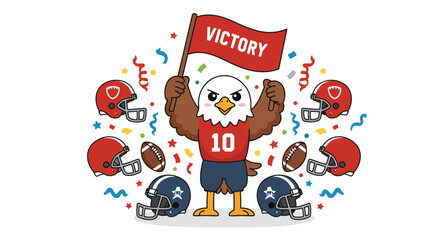 Eagle Mascot Celebrating Football Victory with Flag and Helmets