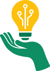 Fototapeta premium Minimalist vector illustration of a green hand holding a yellow light bulb with circuit lines, symbolizing innovation, technology, and eco-friendly ideas