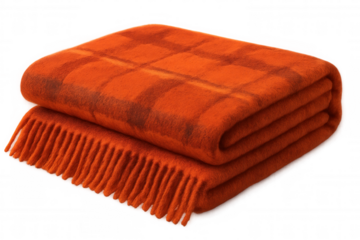 Soft orange plaid blanket folding with decorative fringe, presenting warm textile texture against clean transparent background
