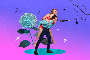 Sketch image trend artwork montage 3D collage of young gentleman hold lady back funny sing karaoke...
