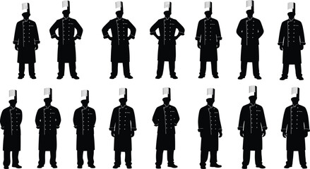 Chef silhouettes, traditional uniform, tall hat, kitchen staff, culinary pose, black outline, professional cook, restaurant icon, vector chefs