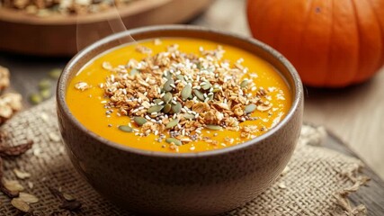 Pumpkin soup with nutrientrich toppings in rustic setting captured in timelapse sequence