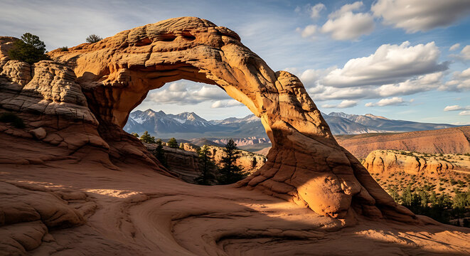 Dramatic natural rock arch with mountain vista at sunrise