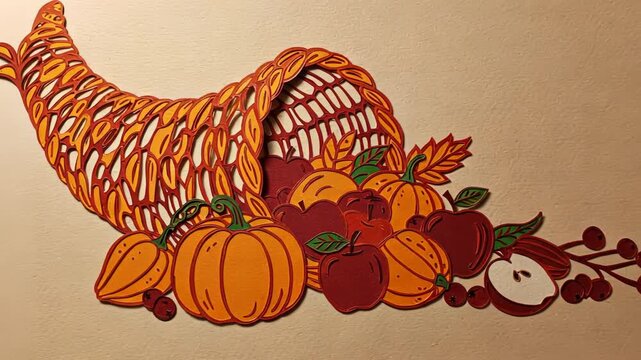 Bountiful cornucopia with pumpkins and fall harvest elements flow from horn