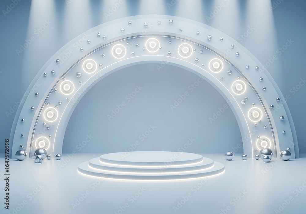 Poster stage with illuminated arch and multilevel podium display