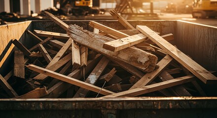Pile of Broken Wooden Planks and Debris at Construction Site