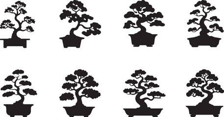 Fototapeta premium Bonsai Tree Icons and Illustrations in Black and White