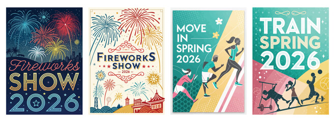 Obraz premium Colorful 2026 event posters showcasing fireworks, spring training, and active movement.