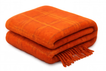 Plush orange blanket folding gently, revealing cozy texture and delicate fringed edges against transparent backdrop