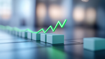 A 3D grid with a rising green line graph indicating success