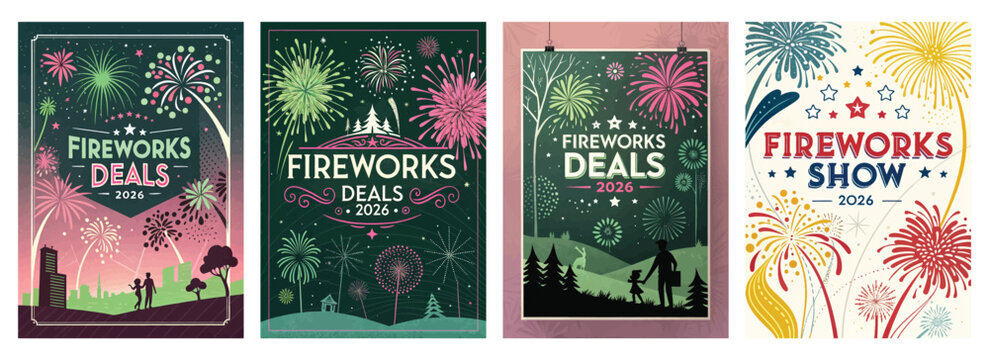 Colorful fireworks display posters showcasing festive deals for 2026 celebrations.