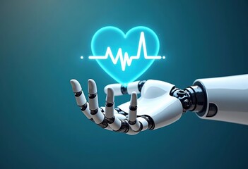 A robotic hand holds a glowing heart symbol with a heartbeat line. The background is a gradient of blue, emphasizing technology and healthcare concepts.
