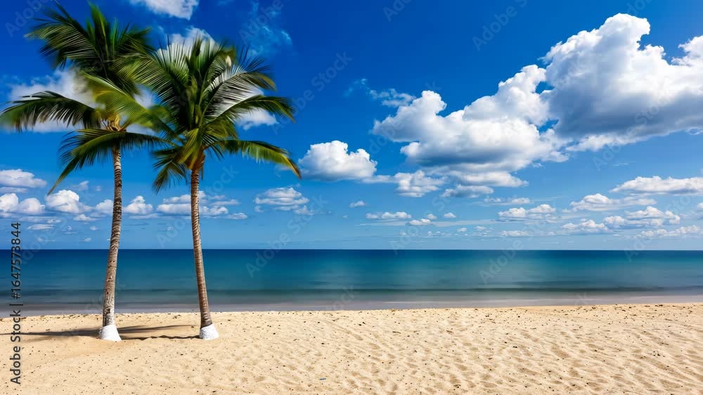 Poster waves gently lap the shore as palm trees sway in the breeze, creating a tranquil beach atmosphere pe