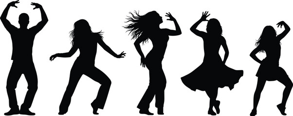 Dance silhouette icon set, expressive movement poses, dancer vector illustration, performing arts graphic, choreography shapes, creative motion design
