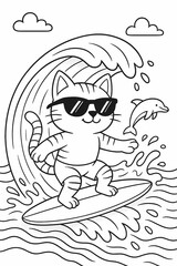 Obraz premium Cool cartoon cat surfing with sunglasses and dolphin jumping nearby, outlined coloring page.