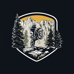 Bold badge-style logo of a white man riding a motor trail across rocky terrain with pine forest and mountain backdrop. Rugged black-white-yellow vector with dirtbike, motocross, and enduro energy.