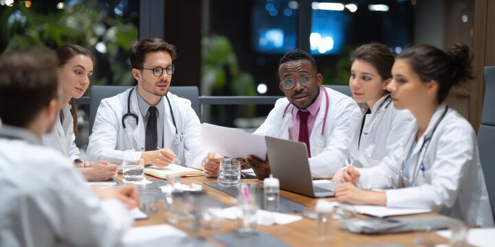 A group of five doctors are seated around a large wooden table, engaged in a serious discussion. They are wearing white lab coats and stethoscopes. 