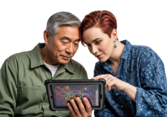 Older distinguished Asian man in olive overalls & red-haired non-binary person in indigo tunic focused on tablet with digital art in white studio, concept of artistic innovation