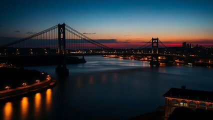 Fototapeta premium Silhouetted suspension bridge at dusk with city lights