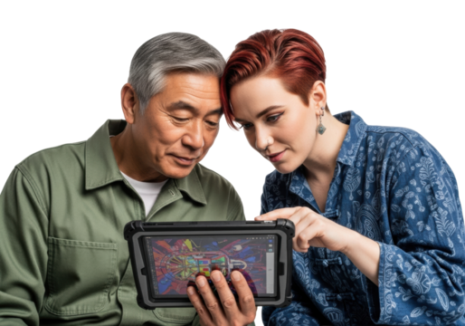 Older distinguished Asian man in olive overalls & red-haired non-binary person in indigo tunic focused on tablet with digital art in white studio, concept of artistic innovation