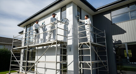 Exterior house painting crew on scaffolding, working on a modern home.