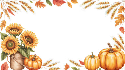 Autumn frame with sunflowers pumpkins wheat and colorful leaves
