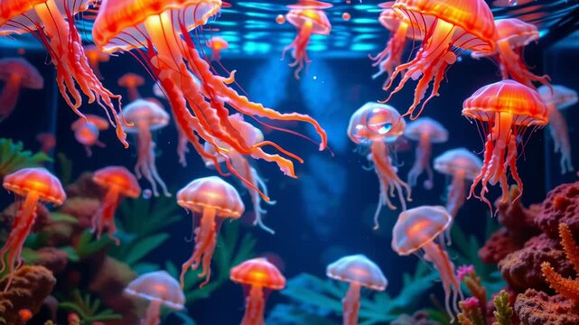 Glowing orange jellyfish swim gracefully underwater in vibrant ocean scene with colorful coral, marine aquatic life, and glowing sea bubbles