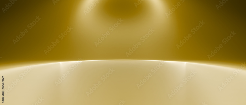 Poster soft golden glow illuminates abstract curved stage with warm ambient light. 3d rendering