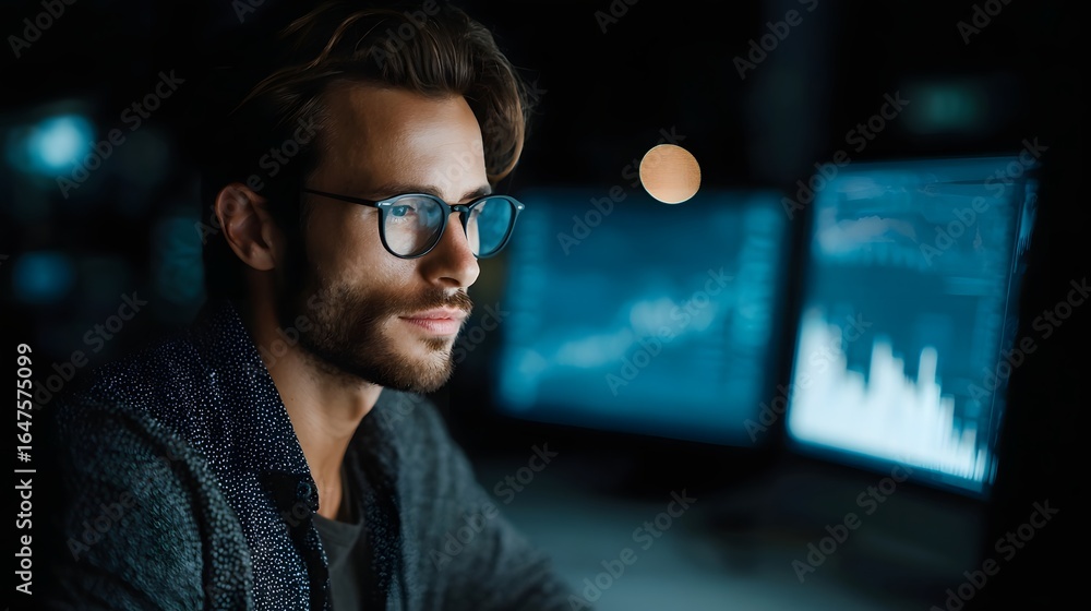 Poster financial analyst reviewing data dashboards on computer