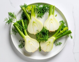 Top-down photo of halved and quartered fennel bulbs arranged artistically on a smooth white ceramic plate