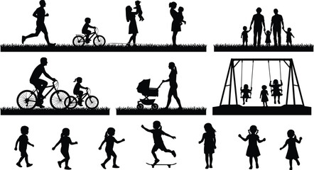 Family activity silhouettes, children playing, biking, walking, stroller, swings, adult-child interaction, outdoor fun, parenting moments, black outline